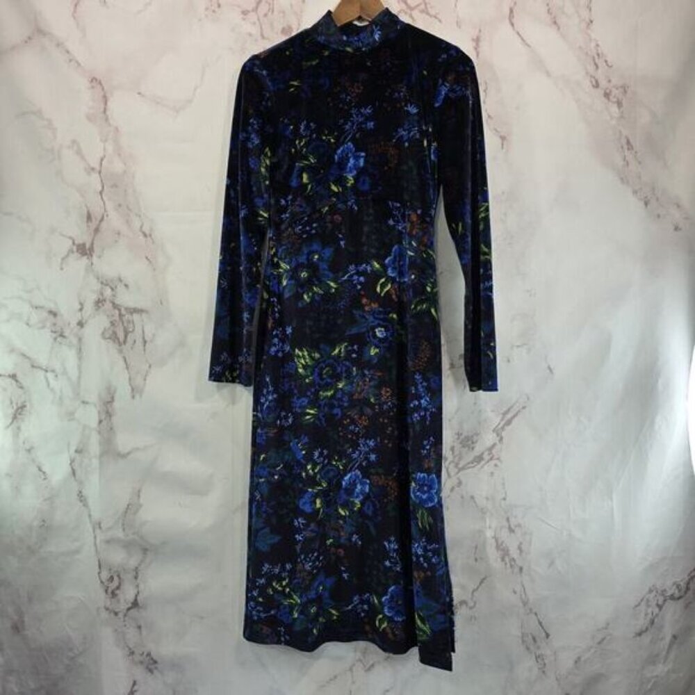 Maeve Dress Womens XS Blue Floral Velvet Midi Keyhole Constance Slit